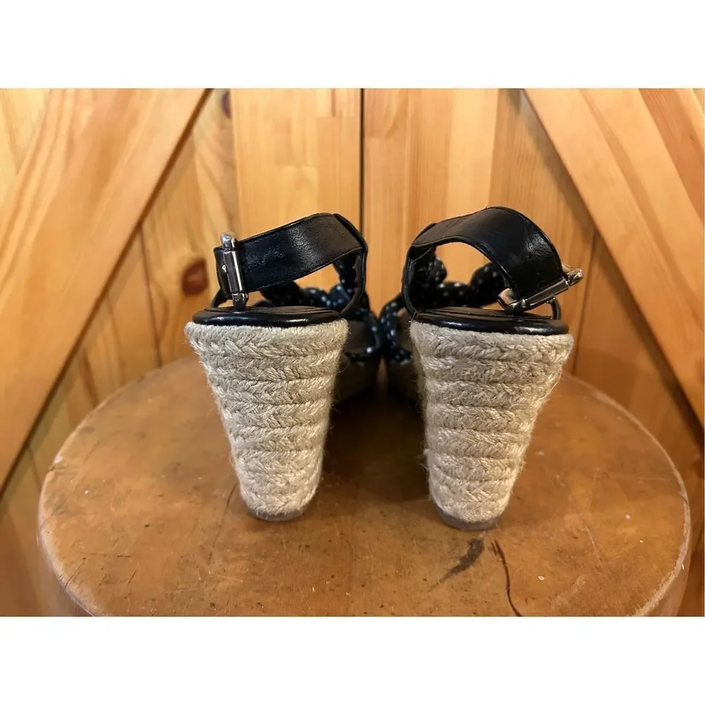 Laura Ashley KILBY Wedge Sandals Espadrilles Shoes black white dots SZ 7B
